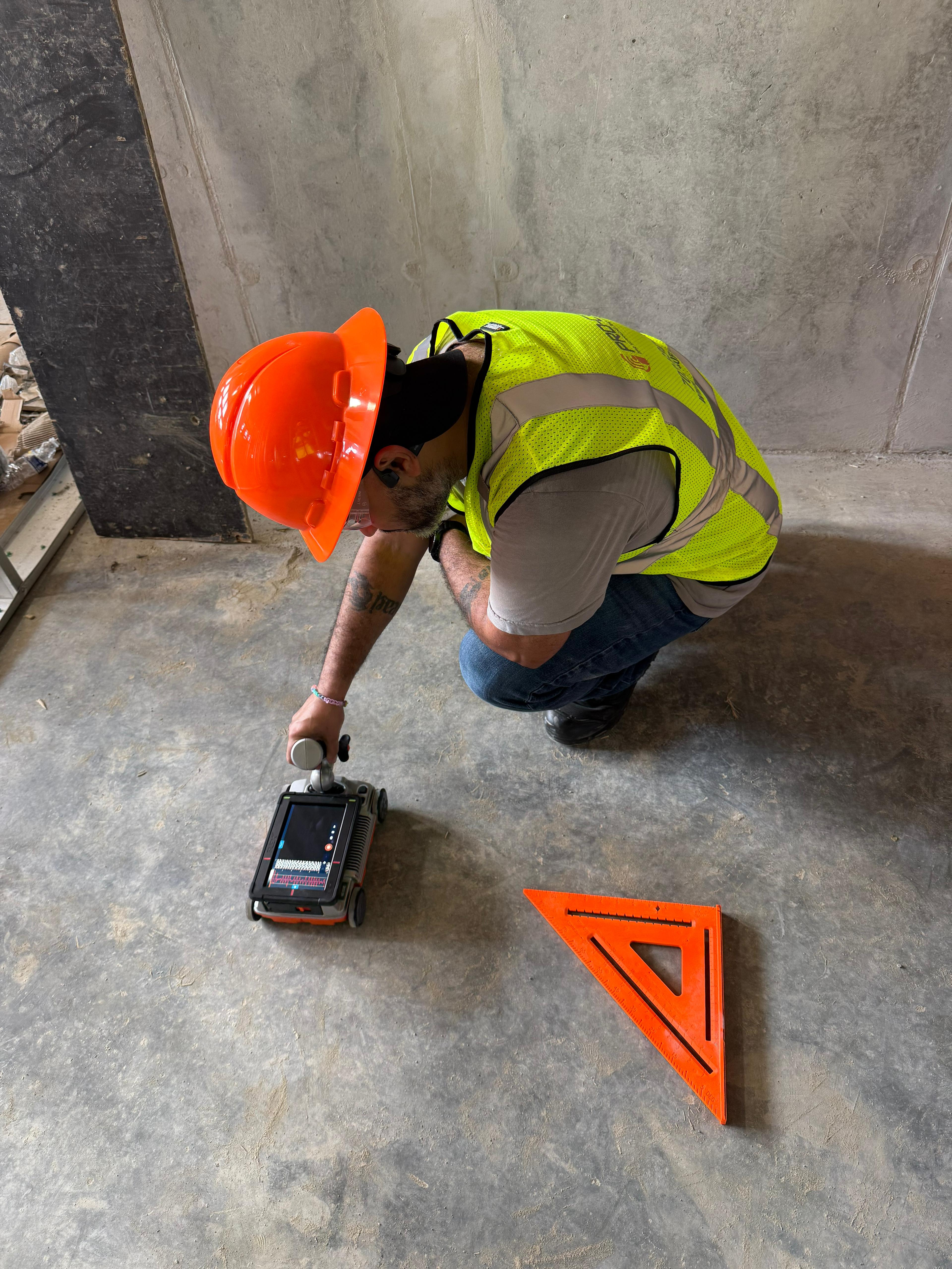 Technician using GPR equipment for subsurface analysis